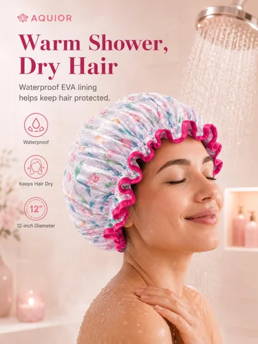 Vista 6 de Aquior Gorro de ducha para mujer, impermeable, reutilizable, con elástico suave, tamaño grande para cabello largo, bonito gorro de baño para ducha