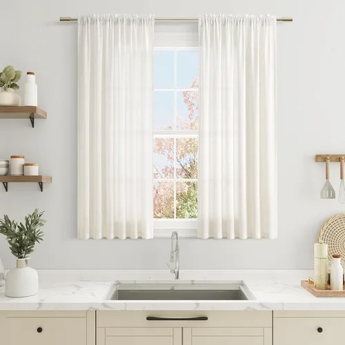 Vista 29 de Cortinas de lino verde aguamarina de 84 pulgadas de largo, juego de 2 paneles semitransparentes con bolsillo para barra para comedor, decoración