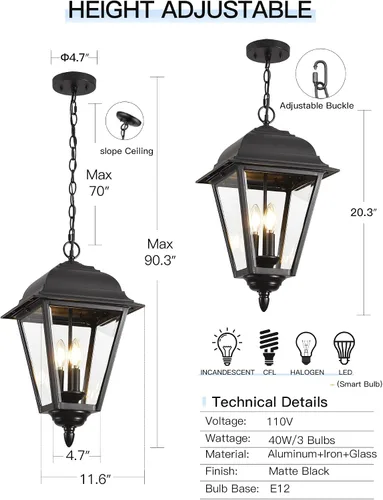 Vista 4 de Lámpara colgante para exteriores, 3 luces colgantes para exteriores, lámpara colgante extra grande para exteriores con vidrio transparente