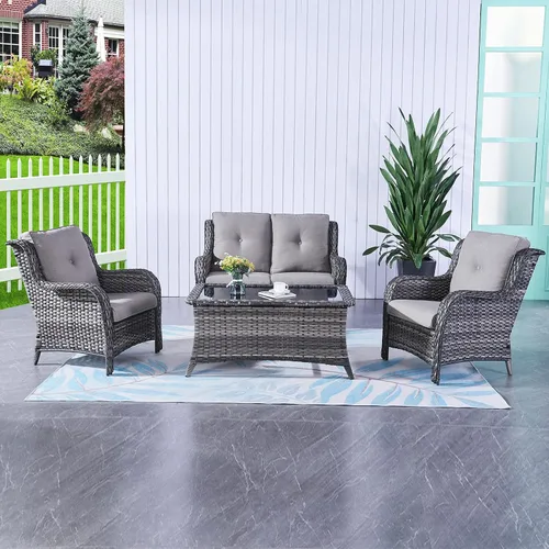 Vista 64 de HUMMUH Juego de 2 sillas de mimbre para patio, sillas de comedor de ratán de polietileno para exteriores, con cojines de asiento de 4 pulgadas
