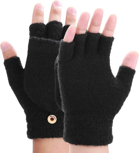 Vista 18 de THINP Guantes sin dedos para mujeres y hombres, guantes de invierno, guantes de lana cálida de punto sin dedos con tapa, guantes convertibles