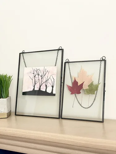 Vista 4 de Beedecor Juego de 2 marcos colgantes de vidrio doble para flores prensadas, hojas y obras de arte, marco flotante de metal grande con cadena, marcos