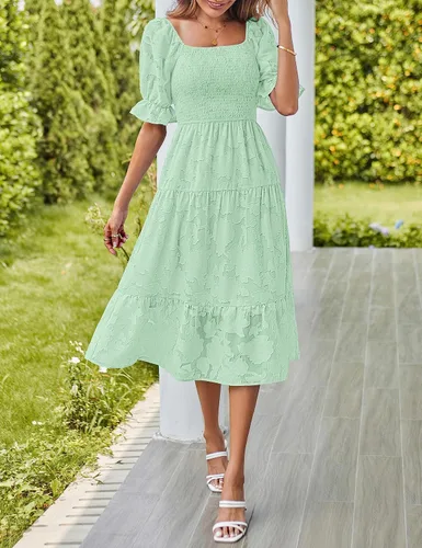 Vista 8 de MEROKEETY Vestido midi escalonado de verano para mujer, manga corta abombada, cuello cuadrado, floral, texturizado, escalonado