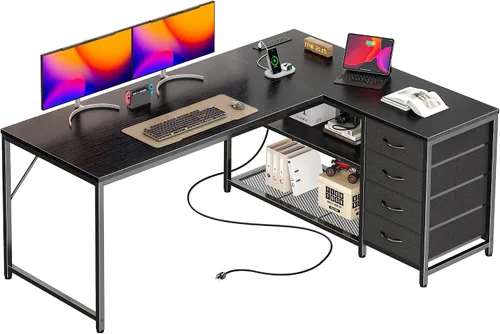 Vista 17 de PRAISUN Escritorio pequeño para computadora de 43.3 pulgadas con tomas de corriente y puerto USB-C, escritorio esquinero reversible en forma de L