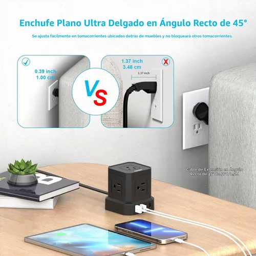 Vista 4 de TOPREK - Regleta de alimentación con USB, USB C (3.0 A) con 5 tomas, 2 USB-C y 2 USB-A, cable de extensión plano de 5 pies con enchufe plano