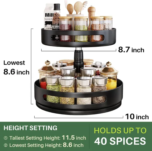 Vista 4 de Organizador Lazy Susan para Especias con Estante - Organizador de Especias Ajustable en Altura de 2 Niveles para Gabinete, Organizador de Especias