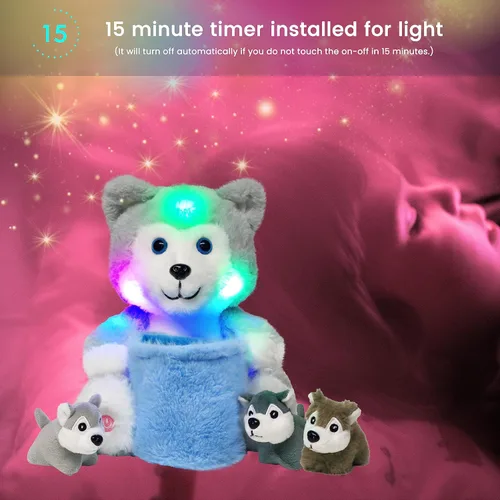 Vista 8 de Hopearl Husky de peluche LED con cubo extraíble que ilumina tu mamá y perro con 3 cachorros en la cesta, juego de animales de peluche disquetes