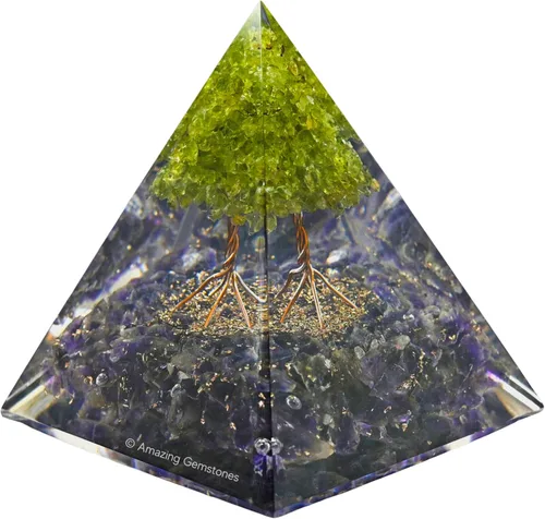 Vista 7 de Orgonita Amazing Gemstone Orgón Pirámide Extra Grande 105 MM - Pirámide de Energía de Orgón con Cristales de Amatista, Árbol de Peridoto y Piedra
