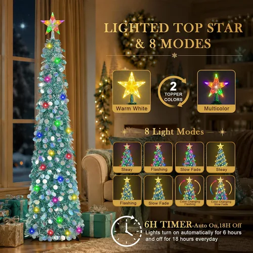Vista 2 de MACTING Árbol de Navidad desplegable con 50 luces LED con temporizador, 5 pies, árbol de lápiz de oropel plegable de fácil montaje, árbol artificial