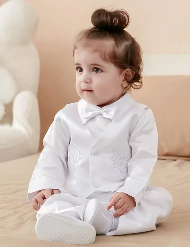 Vista 2 de A&J DESIGN Traje de bautismo blanco para bebé niño de 3 a 18 meses de manga larga con cruz bordada