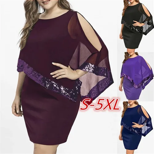 Vista 6 de NIUQI Vestido de noche de gasa de color sólido para mujer con lentejuelas y hombros descubiertos cuello redondo manga capa