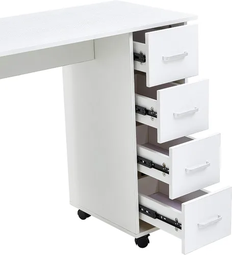 Vista 6 de Escritorio de manicura de uñas para técnico, estación de mesa de uñas de spa de salón de madera con gabinete, cajones, ruedas controlables (blanco)
