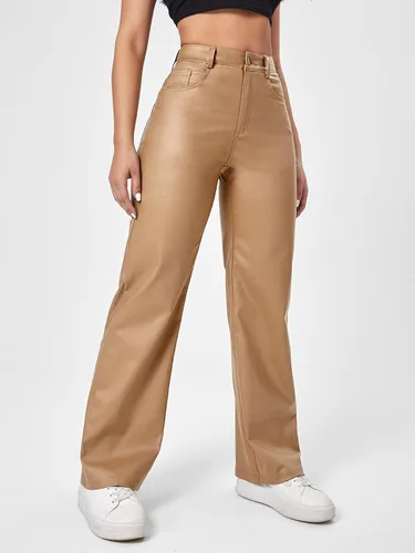 Vista 3 de MakeMeChic Pantalones de mezclilla de piel con bolsillos de cintura alta para mujer