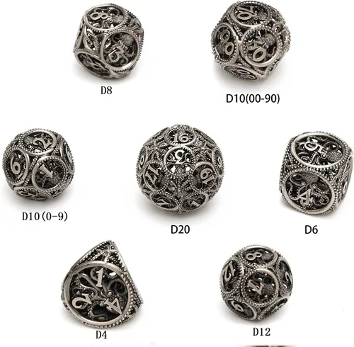 Vista 4 de Dados DND, dados de metal huecos D&D, juego de dados de mazmorras y dragones con caja de regalo, 7 piezas de juegos de dados poliédricos steampunk