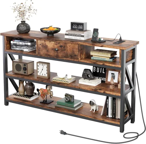 Vista 12 de Mexin Mesa de sofá consola de 39 pulgadas con cajón, mesa de entrada con estantes de almacenamiento, mesa de pasillo de madera industrial para sala