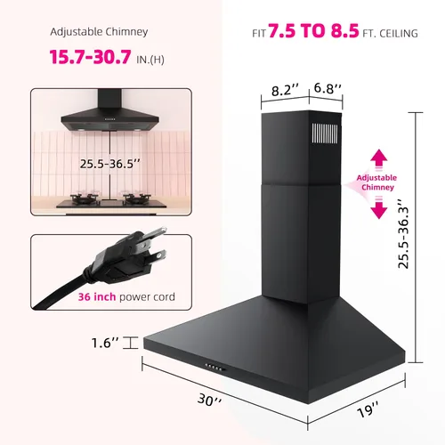 Vista 8 de FIREGAS Campana extractora negra de 30 pulgadas, campana de cocina de montaje en pared convertible con conductos/sin conductos, 450 CFM, extractor