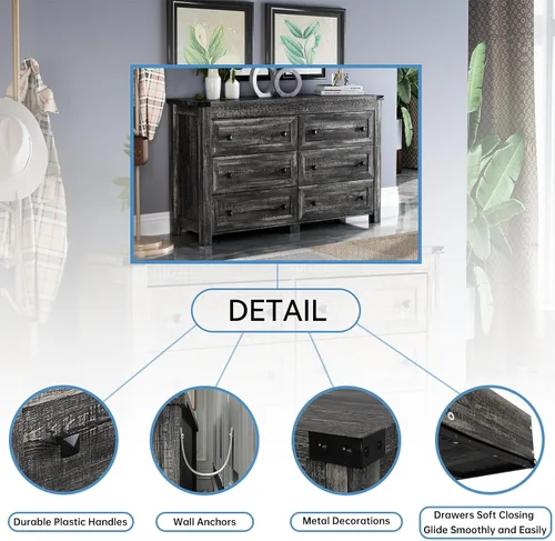 Vista 4 de Cómoda de 6 cajones para dormitorio, cómoda de 47.3 pulgadas de ancho, gris Negro