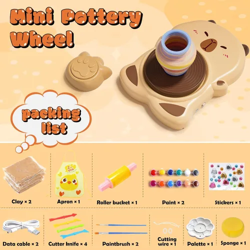 Vista 2 de Skirfy Mini Kit de Máquina de Torno de Alfarería para Principiantes Niños con Luz, Torno Eléctrico de Cerámica con Pedal de Pie y Kit de Pintura