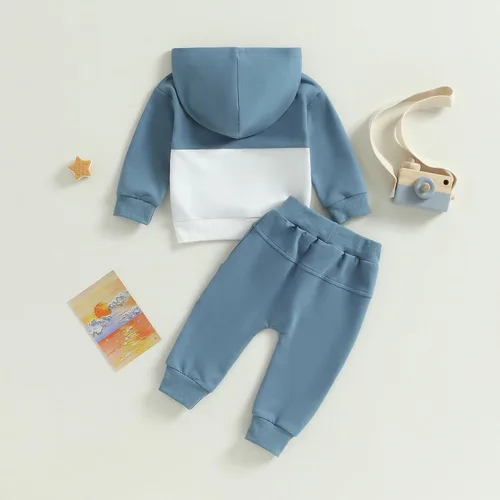 Vista 3 de Ropa de otoño e invierno para bebé niño, con capucha, de manga larga, a rayas, pantalones elásticos para recién nacidos azul (Patchwork Blue)
