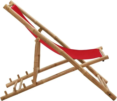 Vista 7 de vidaXL Silla de cubierta roja de bambú y lona Respaldo ajustable Patio, playa, campamento Resistente a la intemperie y duradera Diseño Rojo