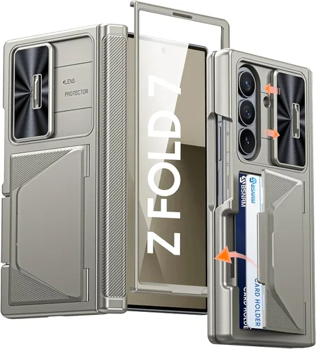 Vista 22 de Funda para Samsung Galaxy Z Fold 7 con tarjetero con bloqueo RFID, cubierta de lente deslizante integrada y protección de bisagra y protector