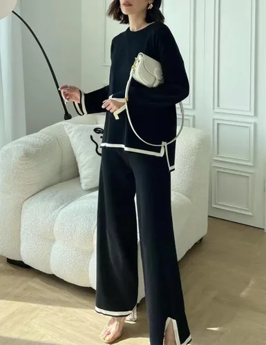 Vista 3 de Lviefent Conjunto de suéter de manga larga para mujer, suéter de punto, pantalones de pierna ancha, conjunto de 2 piezas para descansar