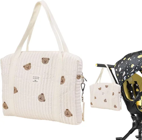 Vista 7 de Bolsa de pañales de algodón para bebé, bolsa de pañales de gran capacidad, bolsa de almacenamiento para cochecito de bebé, bolsa de almacenamiento