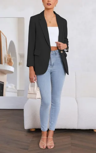Vista 6 de Chaquetas casuales para mujer, con frente abierto, manga larga, botones, trabajo, oficina, con bolsillos