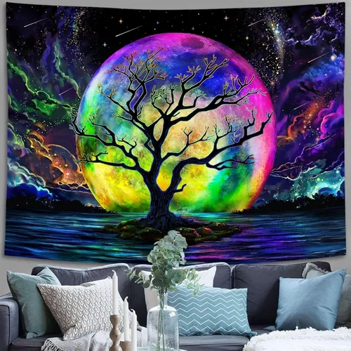 Vista 9 de Faxdong Tapiz de luna con luz negra, reactivo a los rayos UV, árbol lago, colorido estrellado, noche estrellada, galaxia, nubes espaciales, tapiz