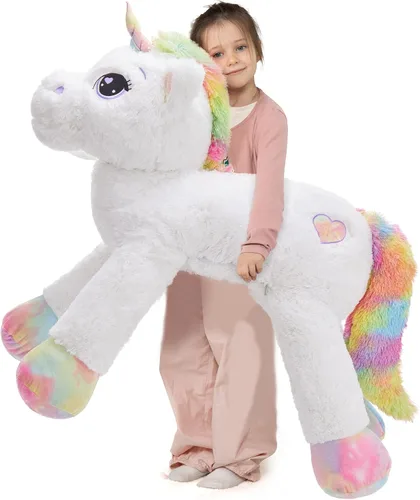 Vista 21 de Tezituor Juguetes de unicornio de peluche de 32 pulgadas, animales de unicornio gigante beige de peluche, encantadoras decoraciones de peluche