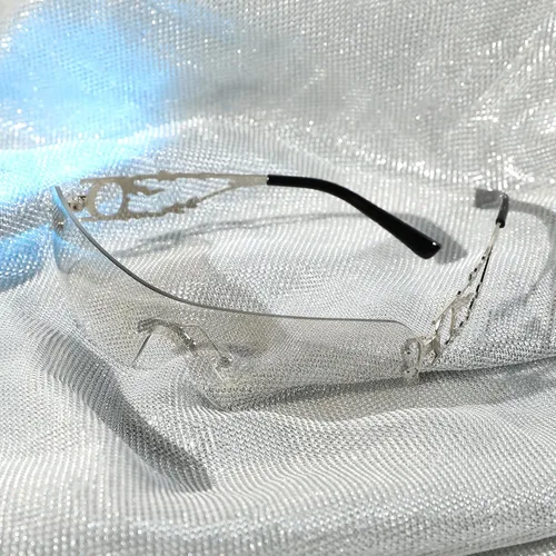 Vista 5 de YOGFIT Lentes de sol Y2K sin montura para mujeres y hombres, a la moda, envolventes, futuristas, geniales