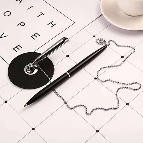 Vista 3 de Ciieeo 2 bolígrafos de metal para firma de invitados, bolígrafo de tinta negra con base para bolígrafo y cadena de recepción, bolígrafo, rotulador