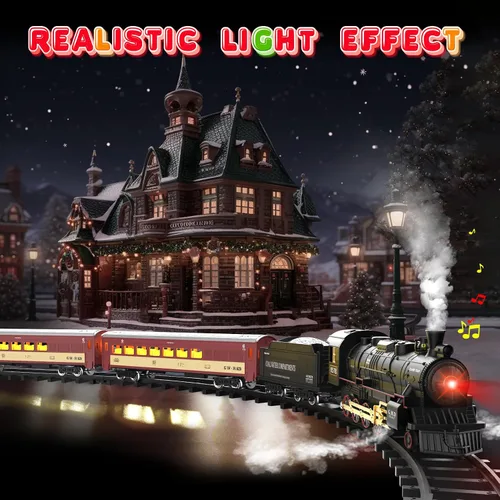 Vista 6 de Conjunto de Tren Hot Bee para Niños, Juego de Tren de Navidad con Control Remoto con Locomotora de Vapor, Coches de Pasajeros Ligeros y Pistas