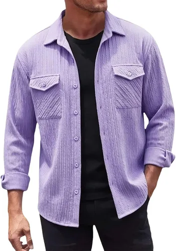 Vista 31 de Camisas con botones para hombre, casual, de manga larga, con cuello jacquard, texturizada, ligera, sobrecamisa, sobrecamisa