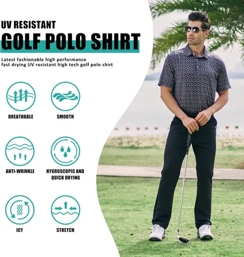 Vista 4 de AOTORR Camisas de golf para hombre, ajuste regular, absorben la humedad, estampado de rendimiento de manga corta para hombre