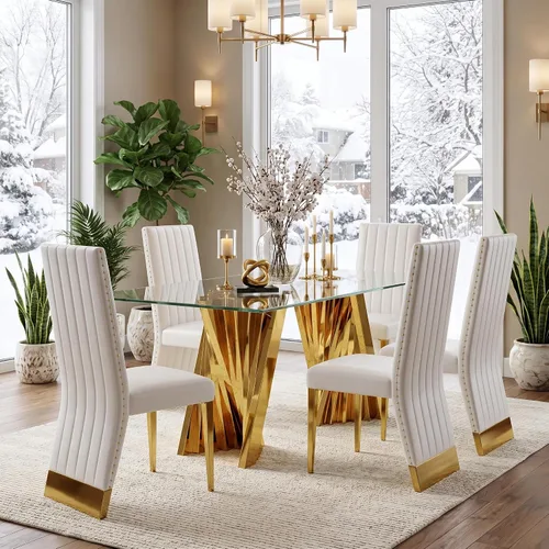 Vista 4 de Juego de mesa de comedor de 5 piezas, juego de mesa de comedor para 4, mesa de comedor de vidrio transparente con 4 sillas de comedor tapizadas