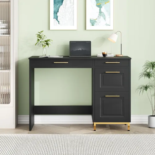 Vista 6 de 4 EVER WINNER Escritorio negro con cajones, escritorio de 43 pulgadas con archivador de almacenamiento y mango dorado, escritorio de oficina en casa