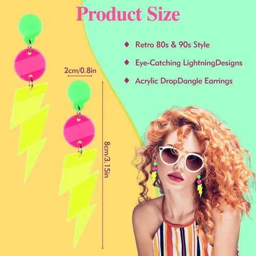 Vista 2 de Atuendos de los años 90 aretes de neón para mujer, aretes colgantes retro con diseño colorido de rayo, accesorios de fiesta para fiestas temáticas
