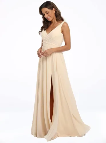 Vista 4 de Vestido de dama de honor de gasa con cuello en V, vestido de fiesta formal de boda