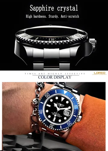 Vista 7 de LOREO Reloj automático para hombre con bisel giratorio de cristal de zafiro de acero inoxidable negro completo