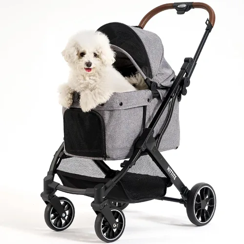 Vista 10 de HITTITE Cochecito para mascotas con cubierta resistente a la intemperie, cochecito todo terreno para gatos y perros de 4 ruedas con toldo ajustable