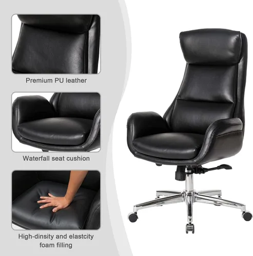 Vista 9 de Glitzhome Mid-Century Modern Air Leatherette Silla de trabajo ajustable giratoria con respaldo alto, silla de oficina para computadora con Negro