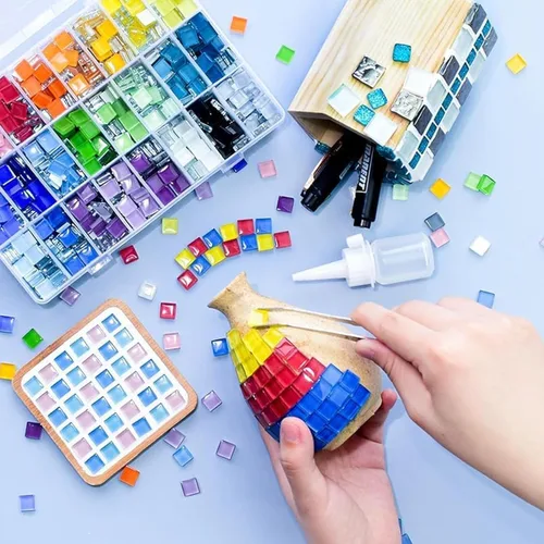 Vista 3 de Azulejos de mosaico de bricolaje para manualidades, kits de mosaico de vidrio colorido para adultos, 350 azulejos de mosaico de vidrieras a granel