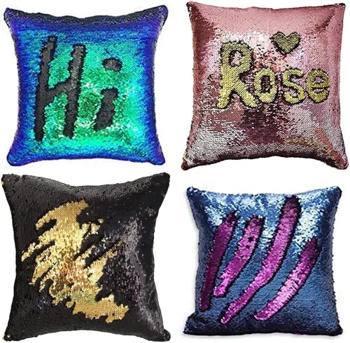 Vista 16 de MOCOFO Fundas de almohada decorativas de lentejuelas mágicas reversibles 16x16-2 de plata a oro + 2 de oro a negro de ante premium para habitación 4