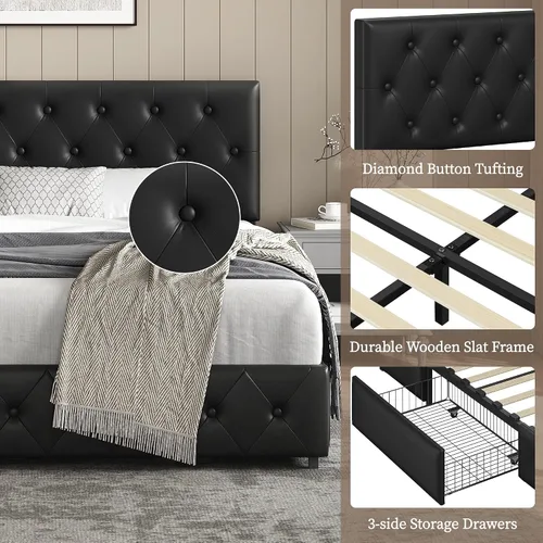 Vista 5 de Topeakmart Base de cama de plataforma tapizada tamaño Queen con cabecera ajustable en altura y 3 cajones de almacenamiento, base de colchón de piel