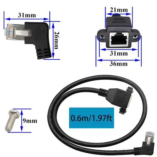 Vista 3 de Cable de extensión de red LAN RJ45 en ángulo izquierdo Cat6 RJ45 de 90 grados macho a hembra blindado para red Ethernet de montaje en panel