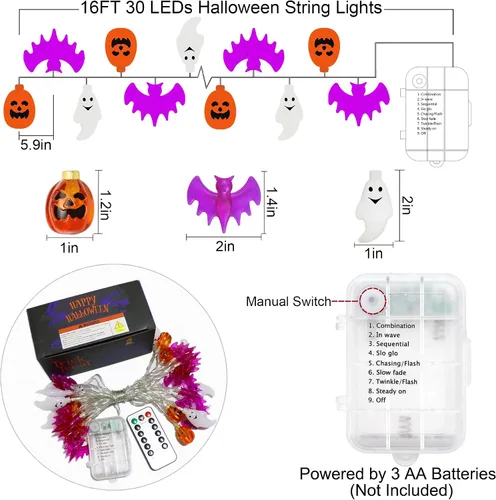 Vista 5 de Zimati Luces decorativas de Halloween, 16 pies, 30 LED, impermeables, 3D, calabaza, murciélago, fantasma, funciona con pilas, con temporizador, 8