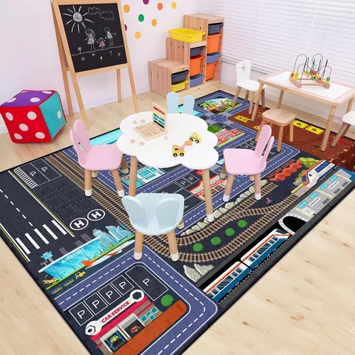 Vista 6 de Car Road - Alfombra de juegos para niños, 5 x 7 pies, alfombra de coche para niños y niños, educativa de tráfico urbano, alfombra de juego lavable