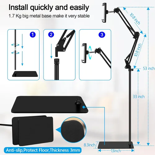 Vista 7 de Soporte de suelo para tablet con base de doble peso, soporte para teléfono de cama superior ajustable en altura / soporte elástico para tableta