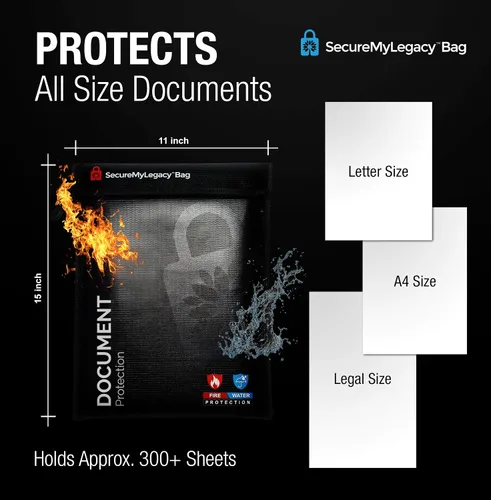 Vista 2 de Secure My Legacy - Bolsa ignífuga: bolsas impermeables e ignífugas para documentos, soporte para documentos con almacenamiento resistente al fuego
